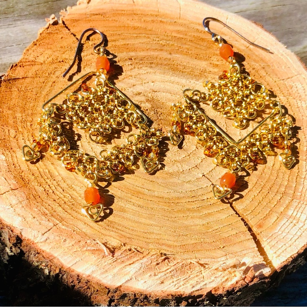 Gold plated dangling pierced earrings with orange beads. Handmade. Boho/Hippie. - Picture 3 of 4